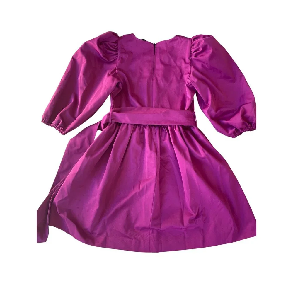 LaRoque Emma Small Puff Sleeve Mini Dress Magenta Fuchsia Cotton V-Neck Tie Wais - Picture 7 of 10